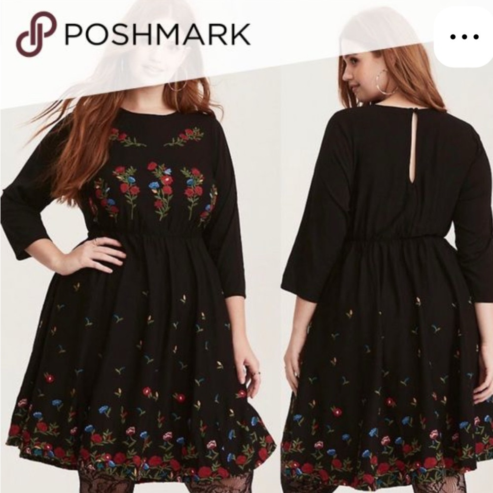 Torrid Black Dress with Colorful Floral Embroidery